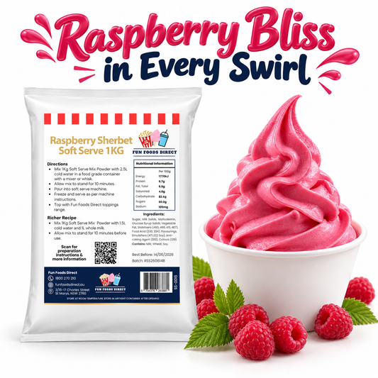 Raspberry Sherbet Soft Serve Mix 1kg pouch beside bright pink soft serve and raspberries on a white background.