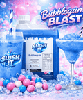 Bubblegum slushy syrup 2L Bottle with drinks and colorful bubbles in a vibrant setting.