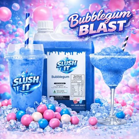 Bubblegum slushy syrup displayed with slushy drinks and ice, colorful bubblegum theme, vibrant and refreshing.