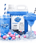 Bubblegum slushy syrup 2L Bottle with slushy drinks and colorful bubblegum balls on ice.