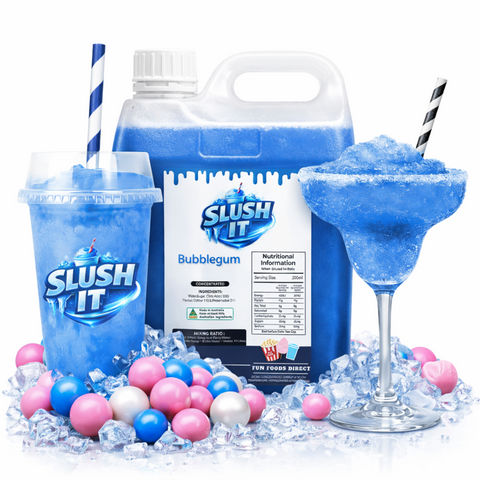 Bubblegum slushy syrup in a 2L bottle with drinks and decorative candies, ideal for refreshing slushy treats.