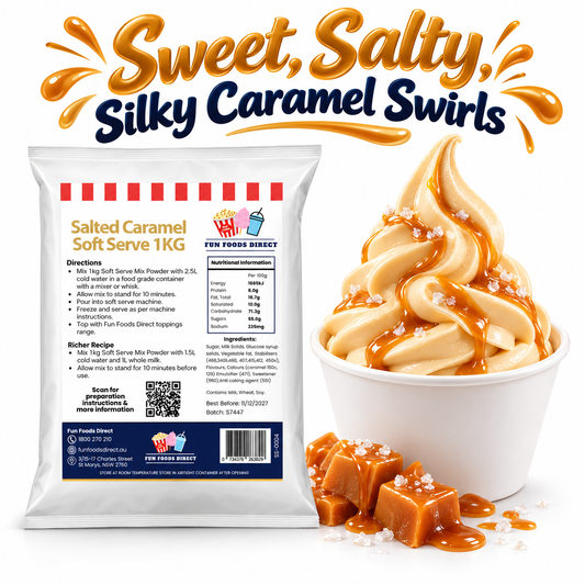 Salted Caramel Soft Serve 1kg pouch with a caramel-drizzled dessert cup, caramel pieces and salt on a white background.