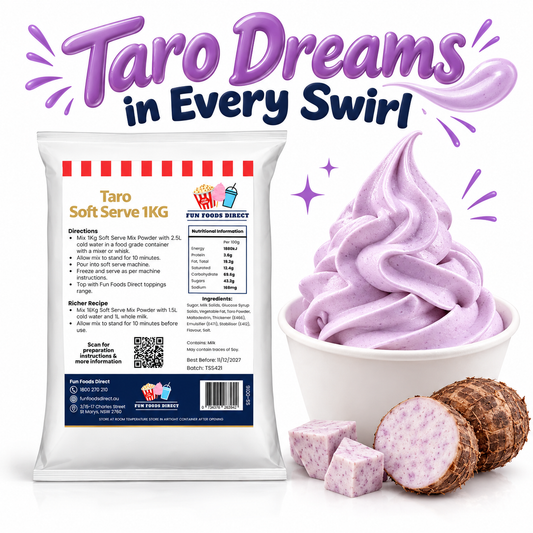 Taro Soft Serve Mix 1kg pouch with a lavender soft serve cup and cut taro pieces on a white background.