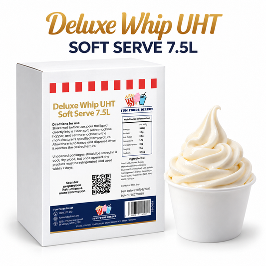 Deluxe Whip UHT Soft Serve Mix 7.5 L carton with soft serve on a white background